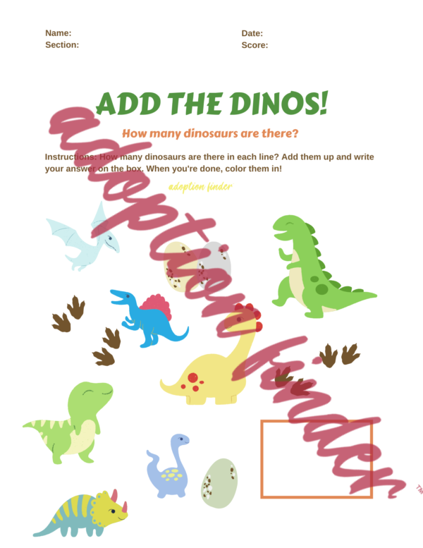 Dinosaur Addition Math Worksheet for Children - Digital