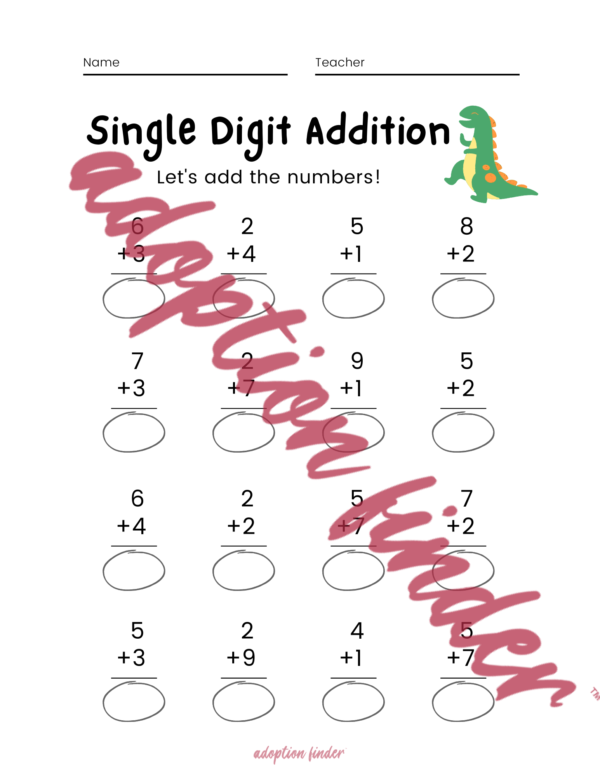 Dinosaur Addition Math Worksheet for Children - Digital